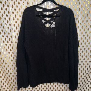 Ava & Viv Knit sweater V-Neck Black Sweater Criss Cross corset goth Details size